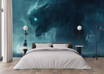 Little Girl Facing Giant Monster in Foggy Landscape Wall mural