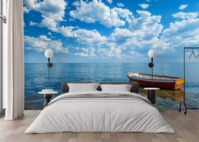 Scenic seascape with boat, blue sky and clouds. Relaxing boat trip on a calm sea with clear skies.  Wall mural