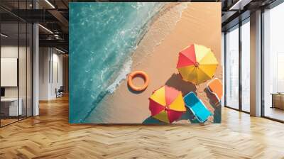 Top view of beach chairs and umbrella for summer vacation concept. Wall mural