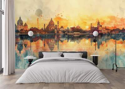 Watercolor illustration of panoramic cityscape at sunset, featuring iconic buildings reflected in water, creating serene and vibrant atmosphere. Wall mural