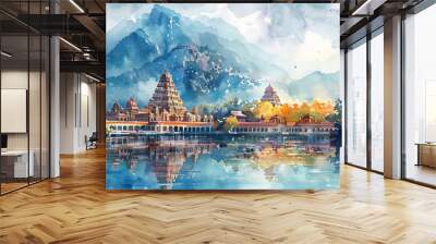 Watercolor Painting of Indian Temple with Mountain View Wall mural