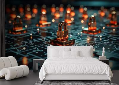 Cyber security concept  - padlock on computer motherboard circuit board Wall mural