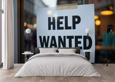 A 'Help Wanted' sign taped to a shop window in an urban setting, conveying a message of employment opportunity among bustling city life. Wall mural