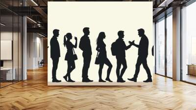 A diverse group of people standing in line, illustrated in black silhouettes against a light background. Wall mural