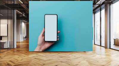 A female person holding a mobile phone with blank white display screen on a soft blue background Wall mural