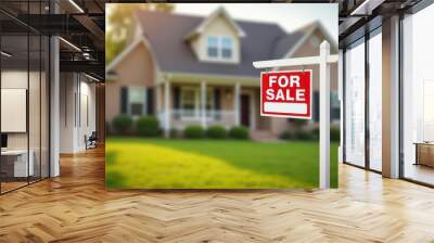 A suburban house with a 'For Sale' sign in the front yard, captured on a sunny day. Wall mural