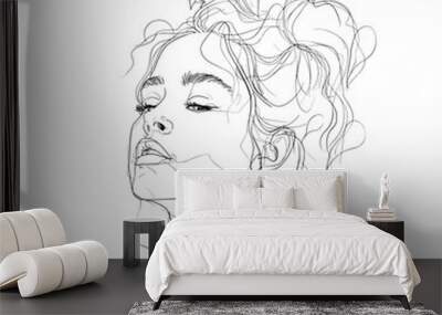 Abstract line art of a young woman with curly hair and serene expression against white background. Wall mural