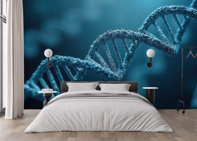 Close-up image of a DNA double helix structure with a blue and turquoise background, representing genetics and molecular biology. Wall mural