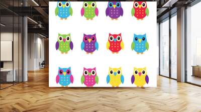 Colorful cartoon owls lined up in a 3x4 grid pattern with a white background. Wall mural