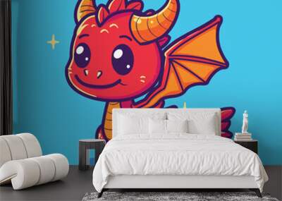 Cute red baby dragon cartoon vector illustration Wall mural