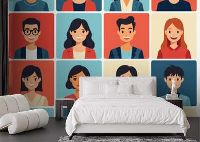 Diverse group of men and women avatars, featuring various ethnicities and professional attire. Wall mural