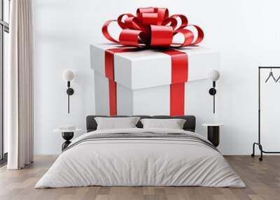 Gift box with ribbon 3D rendered present box on isolated white background Wall mural