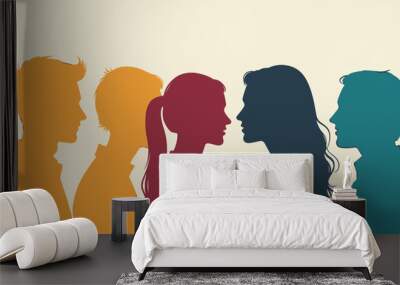 Illustration of two men and two women in profile view with vibrant colors. Wall mural