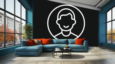 Minimalist white line art of a person's face on a black background Wall mural