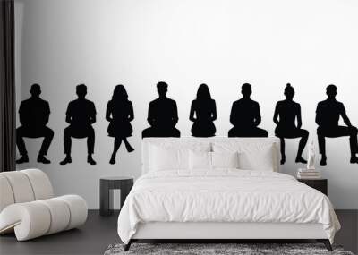 Silhouette of a diverse group of people sitting on chairs in a row against a white background. Wall mural