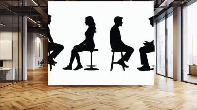 Silhouette of two pairs of people sitting and conversing against a white background. Wall mural