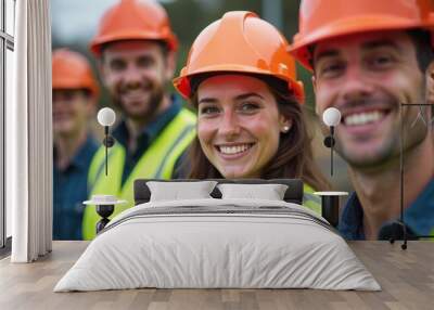 Smiling construction workers wearing orange helmets and safety vests at a construction site. Wall mural