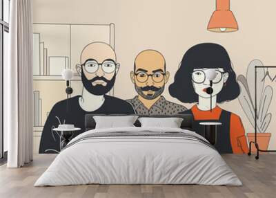 Two men and a woman collaborating on a project in a modern, minimalist office setting. Wall mural