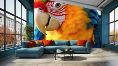 Vibrant close-up of a colorful parrot with bright blue, green, yellow, and orange feathers displaying intricate patterns. Wall mural