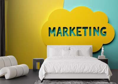 Yellow speech bubble with the word 'Marketing' on a split yellow and turquoise background. Wall mural