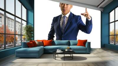 Young businessman in a suit pointing with fingers, business concept graphic element on transparent background Wall mural