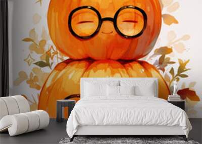 Cute pair of pumpkin glasses with smiling faces, surrounded by tiny stars, on a white background Wall mural