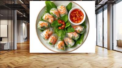 Delicious fresh spring rolls served with a tangy dipping sauce, garnished with mint and chili, ideal for healthy eating. PNG, Transparent, No Background, Vietnamese food Wall mural