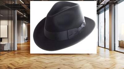 Elegant black fedora hat with a sleek design, perfect for adding a touch of vintage flair to any outfit, PNG, transparent, No background. Wall mural