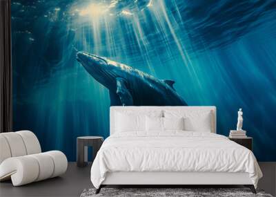 Close-up of a whale underwater with sunlight: Generative AI Wall mural