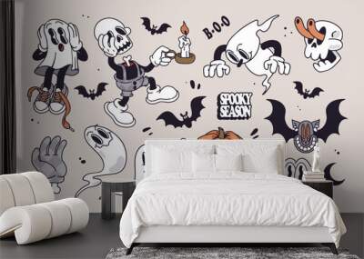 Groovy retro 30s  halloween set. Funky cartoon characters and elements. Gloved ghosts, gloved pumpkin with boots, zombie hand, skeleton boy, bats, skull. Spooky Season. Trendy retro cartoon style. Wall mural