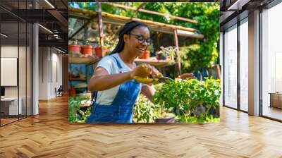 Black ethnic woman with braids gardener working in the nursery in the greenhouse happy cutting the bonsai Wall mural