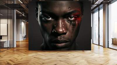 Eyes of a black ethnic man with a blood tear, stop racism concept. Ai generated art Wall mural