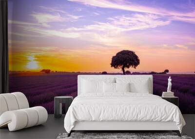 Natural landscape of a lavender field at sunset with the sun in the background, Brihuega. Guadalajara, Spain. Wall mural