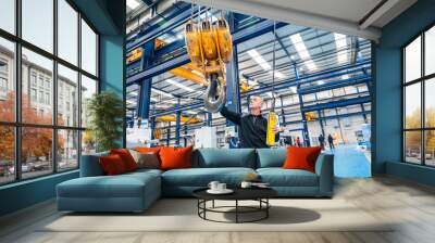 Worker using an industrial crane in a logistics factory Wall mural