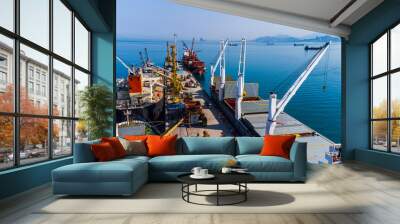 Large container port with cargo ships and gantry cranes Wall mural