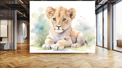 Watercolor painting of a curious lion cub playfully rolling around in tall grass on a white background. Wall mural