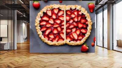 Strawberry galette. Summer pie with fresh fruits and cream cheese. Homemade tart on a rustic background. Top view - generative ai Wall mural