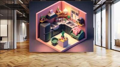 3d rendering kitchen with dining room isometric interior, open view. Warm home atmosphere in love nest. Design of a small practical apartment, nice dollhouse. Generative AI. Wall mural