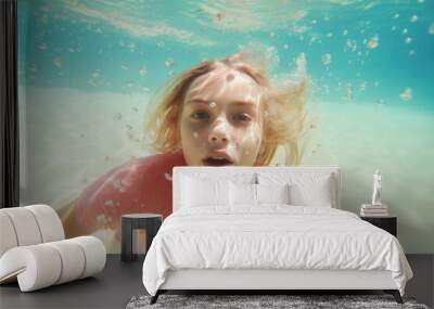 A beautiful young girl enjoying the tropical exotic sea, swimming and diving on the water surface. Underwater portrait, girl on summer vacation. Generative AI. Wall mural