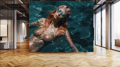 A beautiful young girl enjoying the tropical exotic sea, swimming and diving on the water surface. Underwater portrait, girl on summer vacation. Generative AI. Wall mural