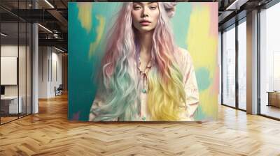 A beautiful young girl surrounded by fresh flowers on her pastel colored hair. Spring concept, fresh flowers and bright colors. Generative AI. Wall mural