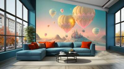 A colorful pastel land of delicious, tasty sweets and candies. Sugar wool, pink and blue marshmallow illustration 3d design from dreams. Flying candy, heart balloons in the sky. Generative AI. Wall mural