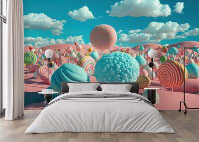 A colorful pastel land of delicious, tasty sweets and candies. Sugar wool, pink and blue marshmallow illustration 3d design from dreams. Generative AI. Wall mural