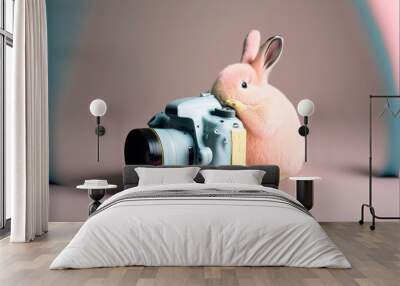 a cute little easter bunny with a vintage retro pastel blue camera, small rabbit photographer. creat Wall mural