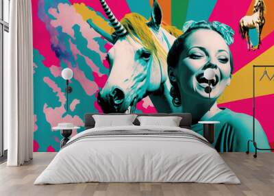 A fusion of contemporary art and old-fashioned style. Pop art backgrounds, colorful, bright neon colors, collage of girl portrait and different elements and symbols. Illustration. Generative AI. Wall mural