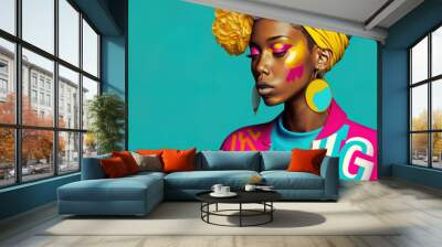 A fusion of contemporary art and old-fashioned style.Pop art backgrounds, colorful, bright neon colors, collage of portraits and different elements and symbols. Illustration. Generative AI. Wall mural