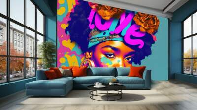 A fusion of contemporary art and old-fashioned style.Pop art backgrounds, colorful, bright neon colors, collage of portraits and different elements and symbols. Illustration. Generative AI. Wall mural