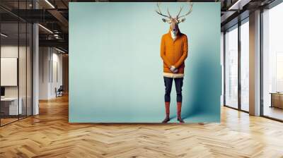 A  human size deer in a trendy vintage hipster Winter sweatshirt. Abstract, illustrated, minimal portrait of a wild animal dressed up as a man in elegant clothes. Generative AI. Wall mural