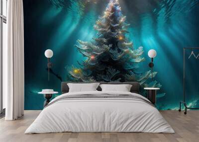 A large underwater Christmas tree made of coral and seaweed. Creative dark ocean New Year concept. Neon cyber lights. Unreal landscape. Generative AI. Wall mural