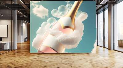 A pastel champagne party in the blue sky with clouds. A pastel liquor bottle with a pink drink exploding out of it. Illustration. Generative AI. Wall mural